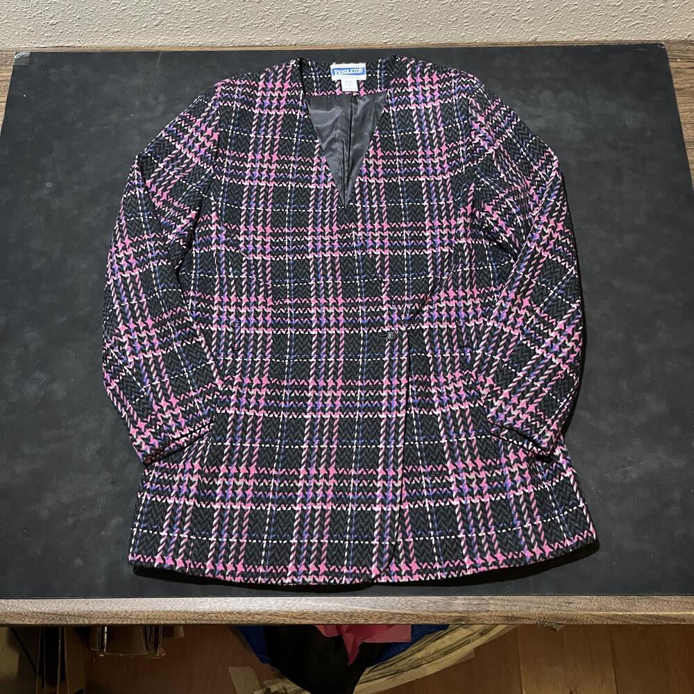 Pendleton Jacket Womens 8 Black Pink Plaid Wool Lined Blazer Made USA Classic